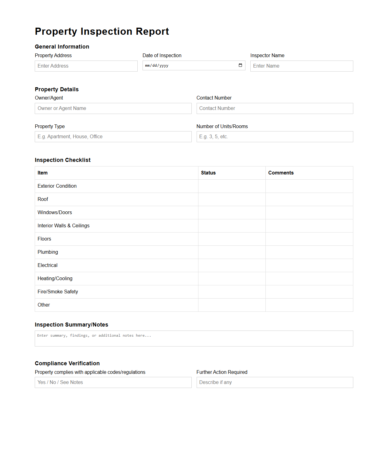 Blank Property Inspection Report Template for Compliance Verification