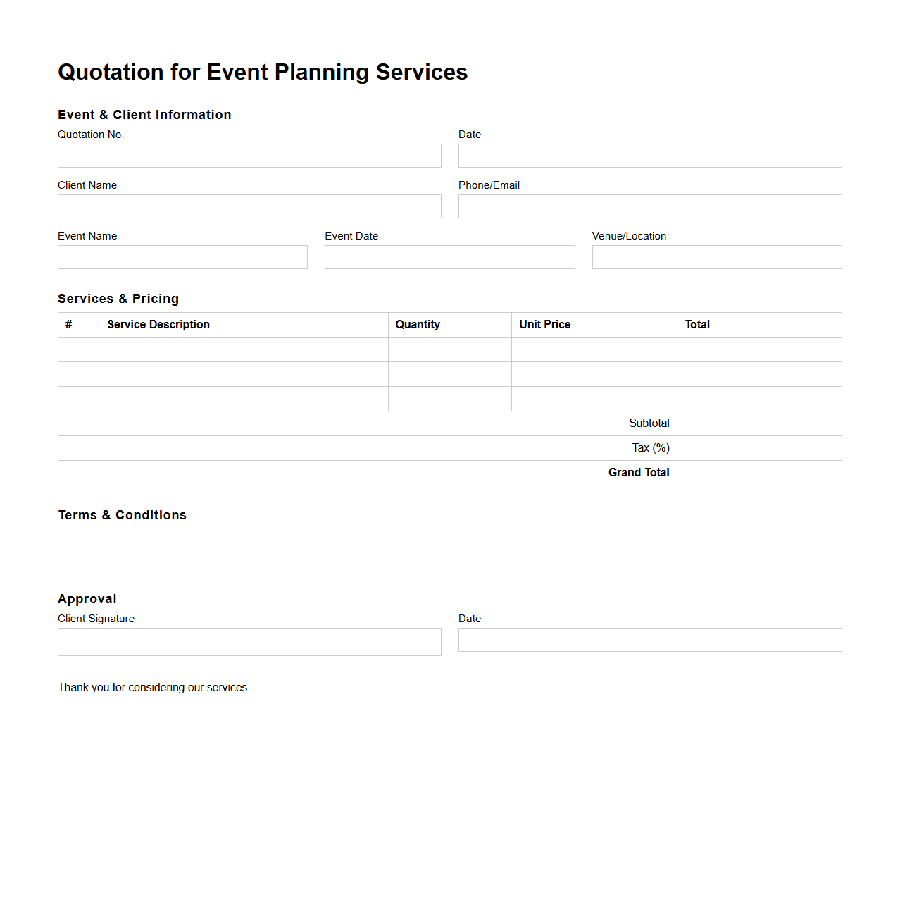 Blank Quotation Template for Event Planning Services