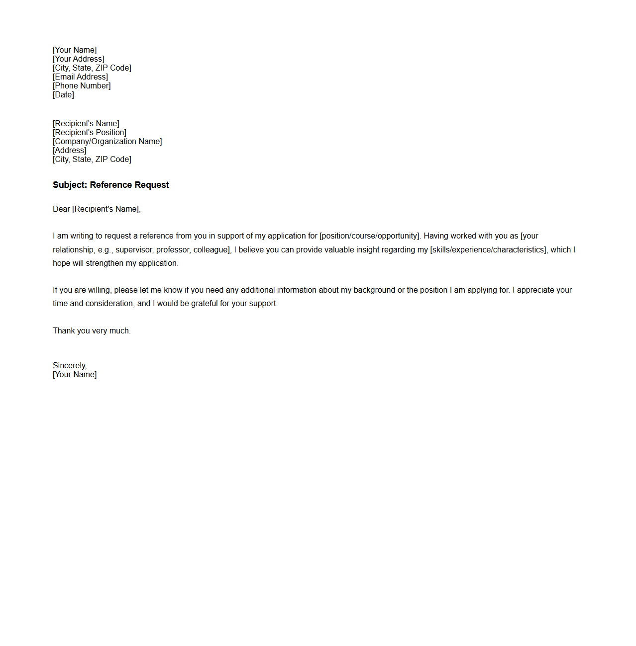 Blank Reference Request Letter Template