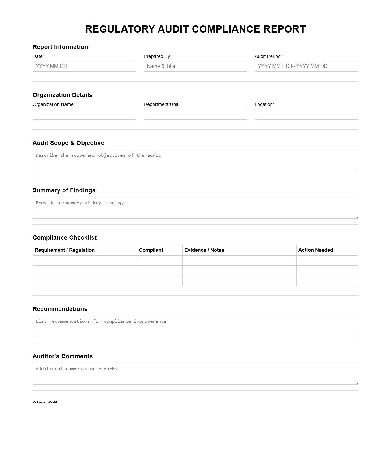 Blank Regulatory Audit Compliance Report Template