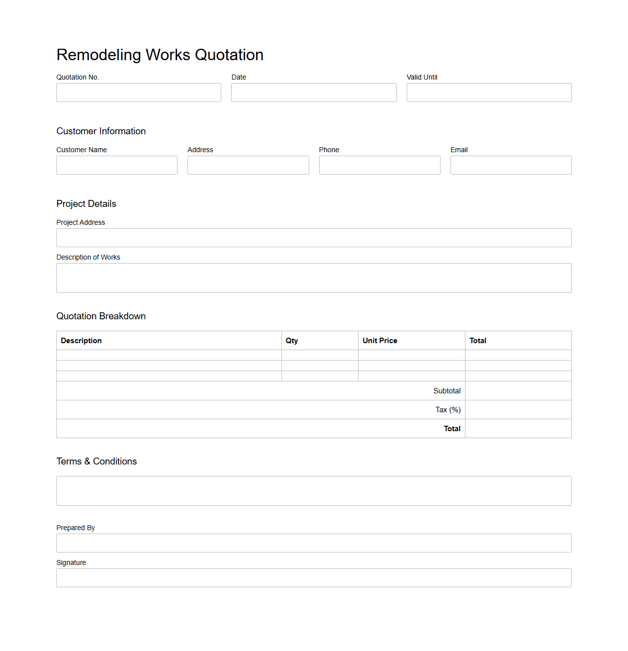 Blank Remodeling Works Quotation Template