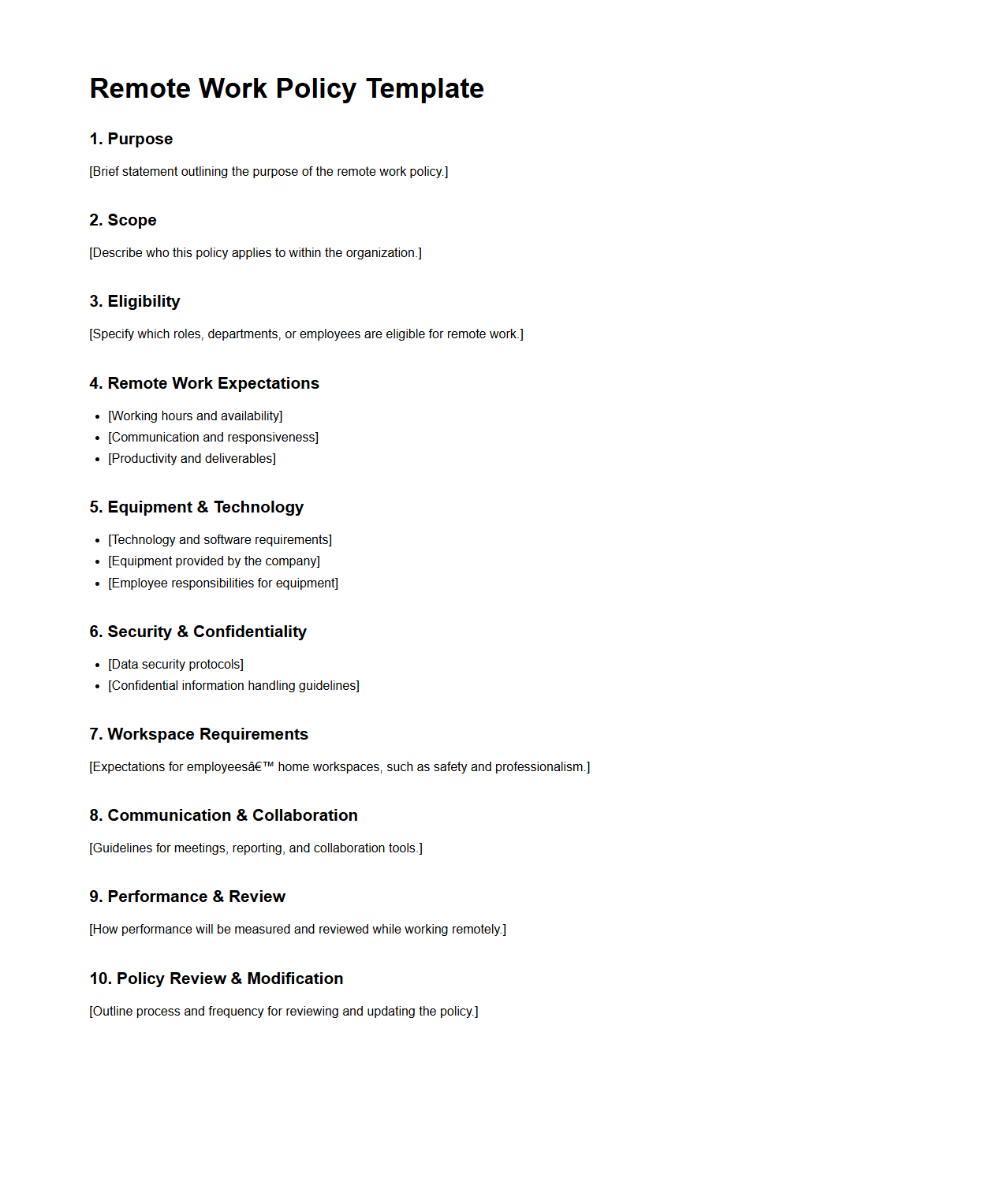 Blank Remote Work Policy Template for Organizations