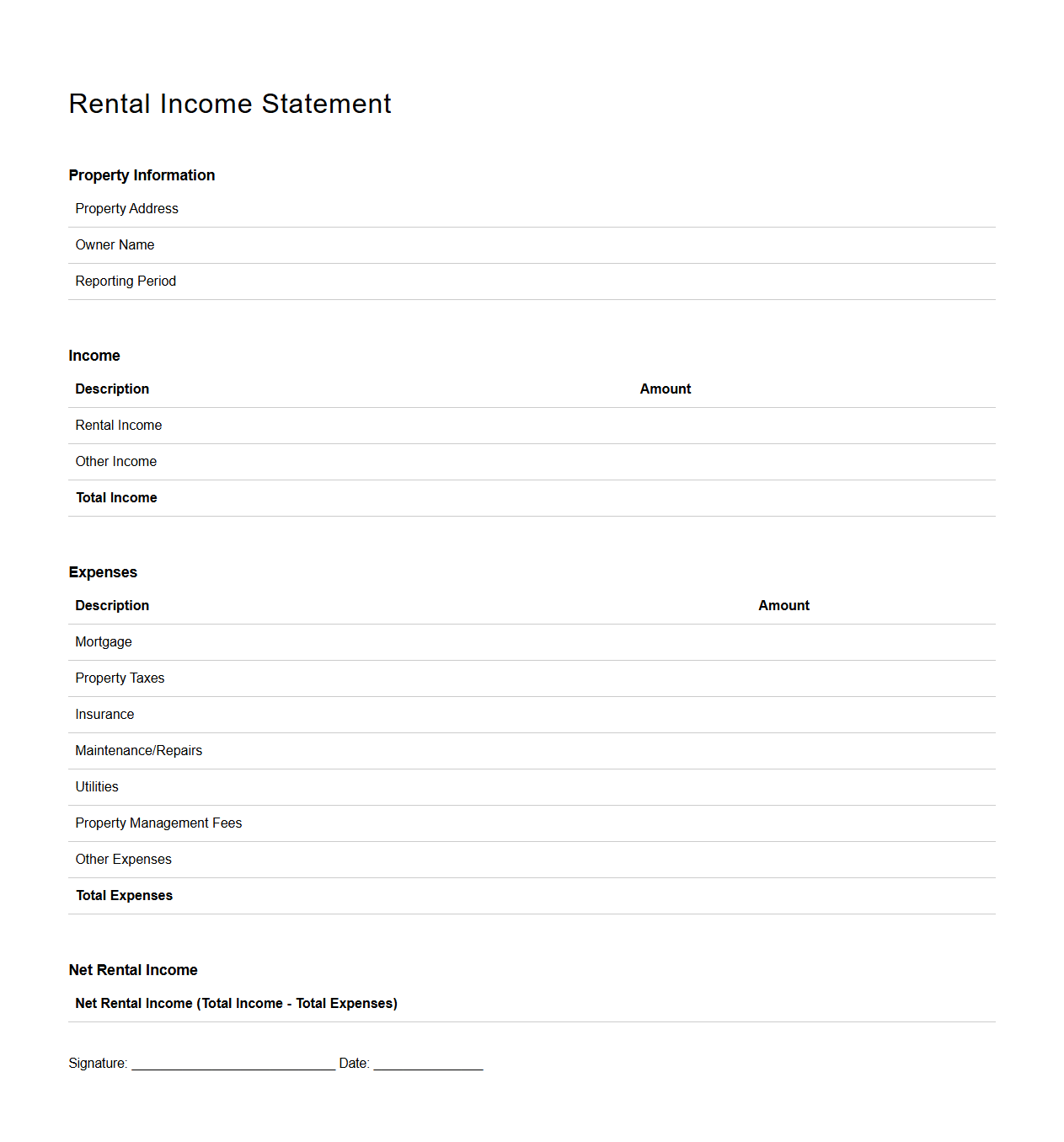 Blank Rental Income Statement Format