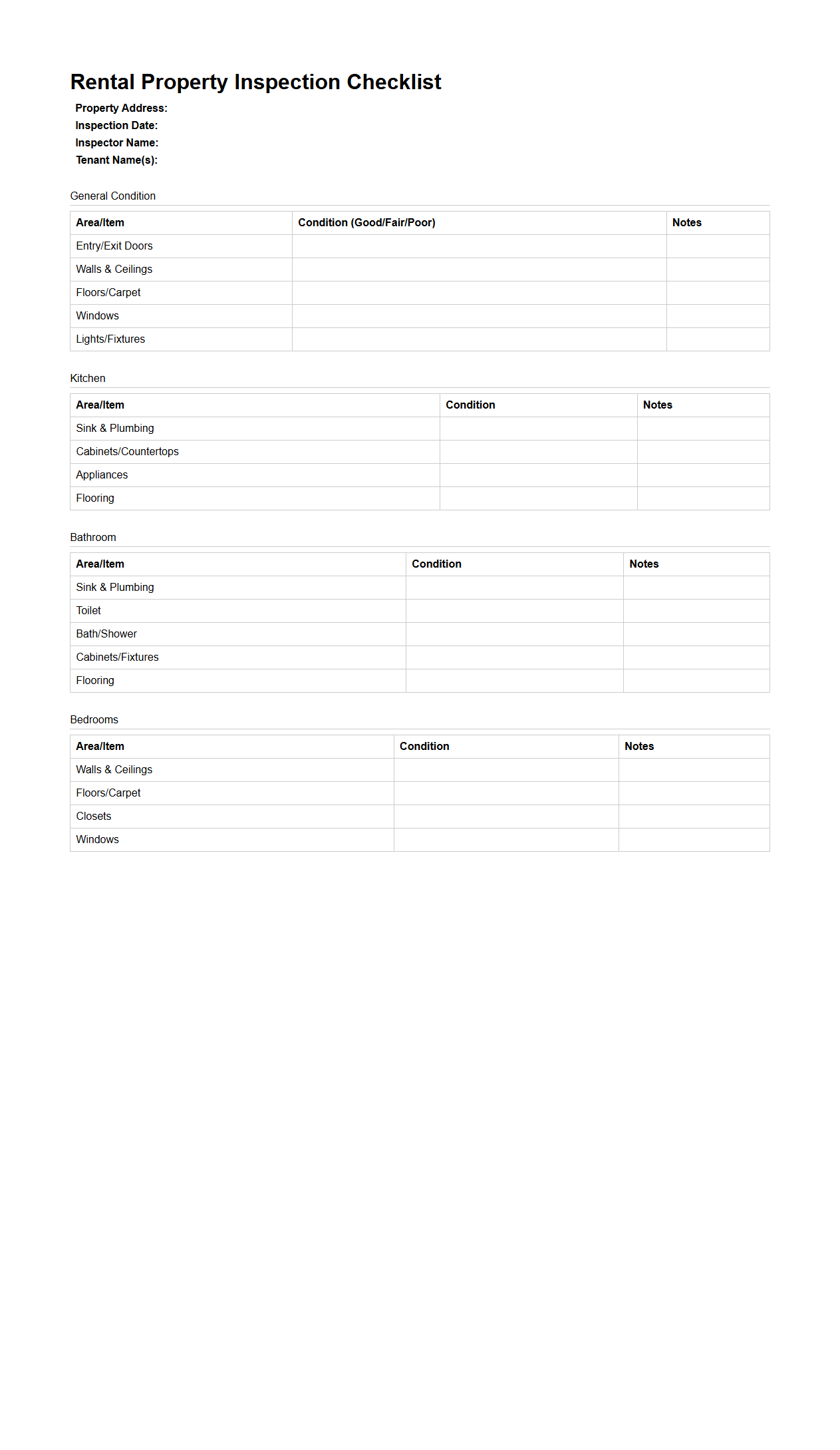 Blank Rental Property Inspection Checklist Template
