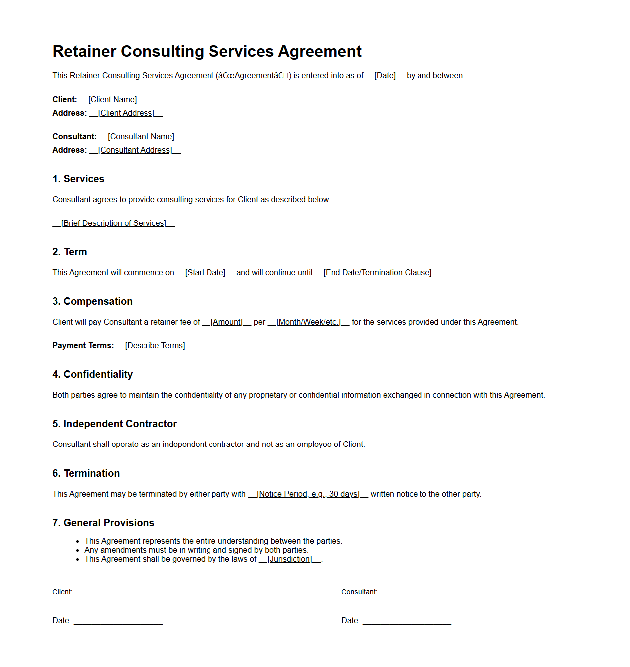 Blank Retainer Consulting Services Agreement