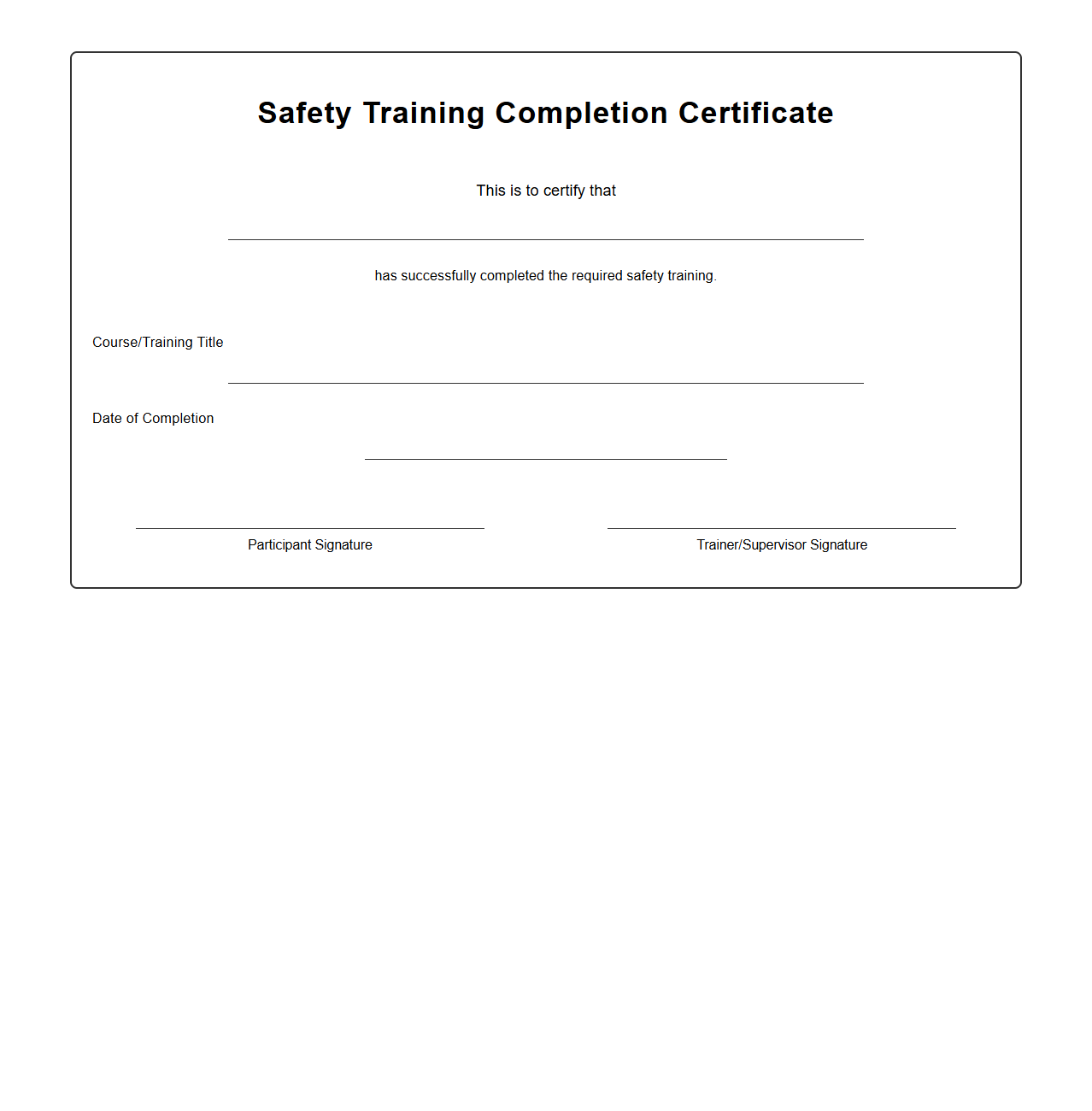 Blank Safety Training Completion Certificate