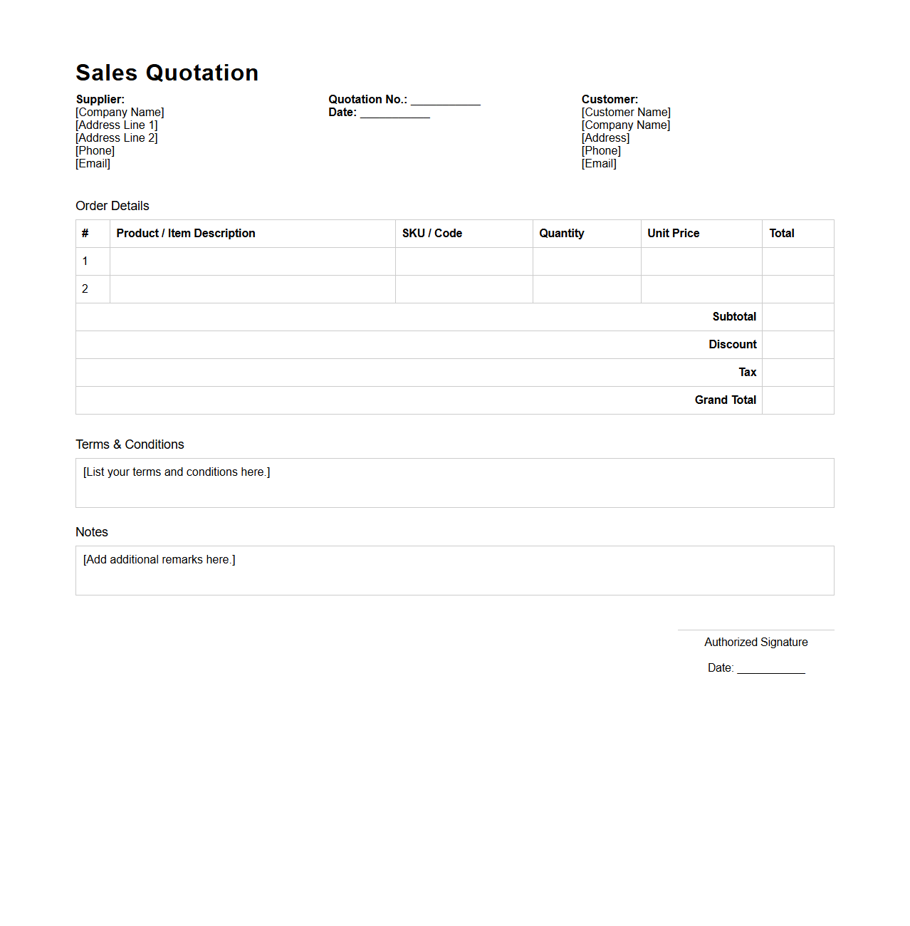 Blank Sales Quotation Template for Wholesale Orders