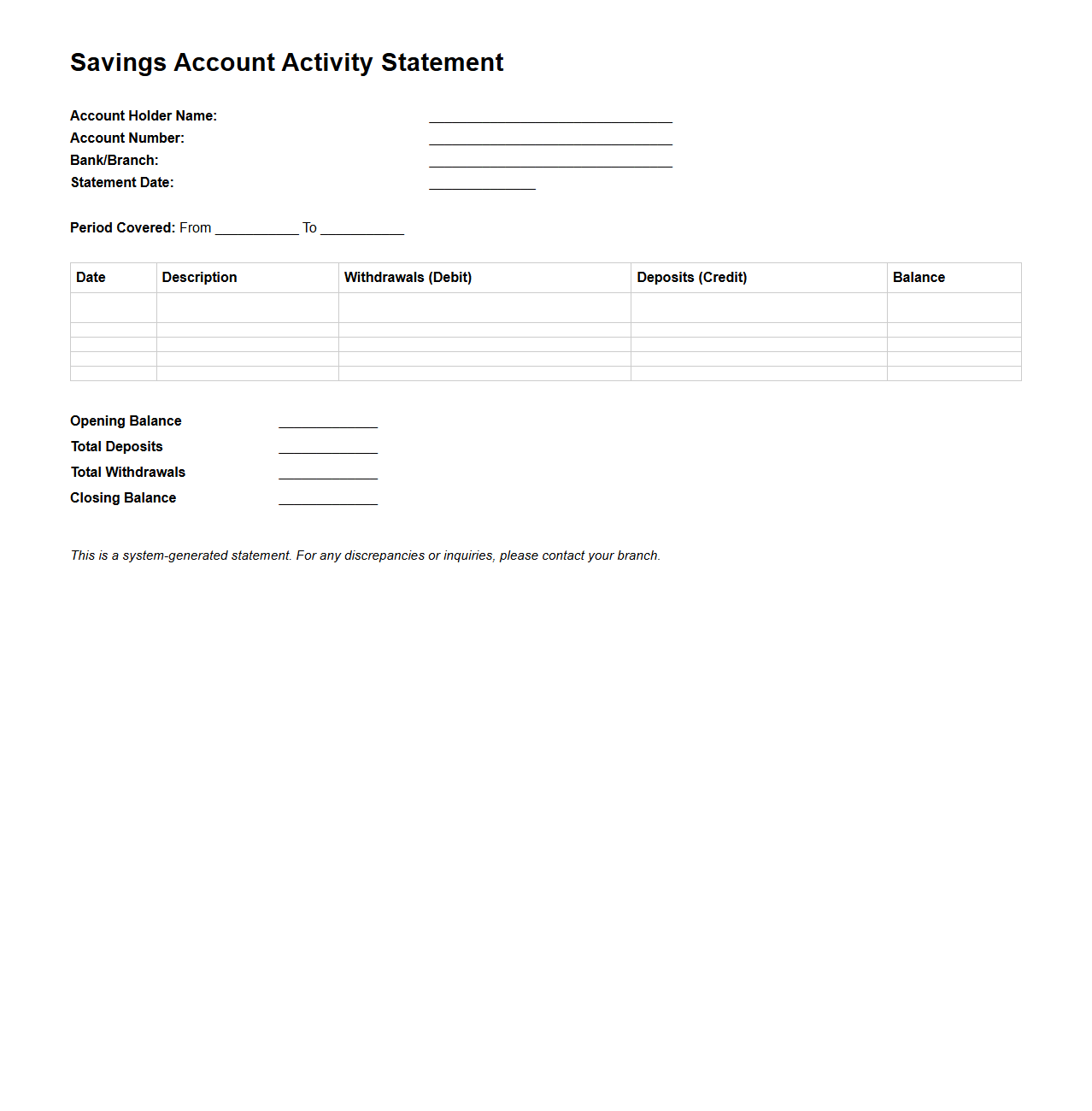 Blank Savings Account Activity Statement Template