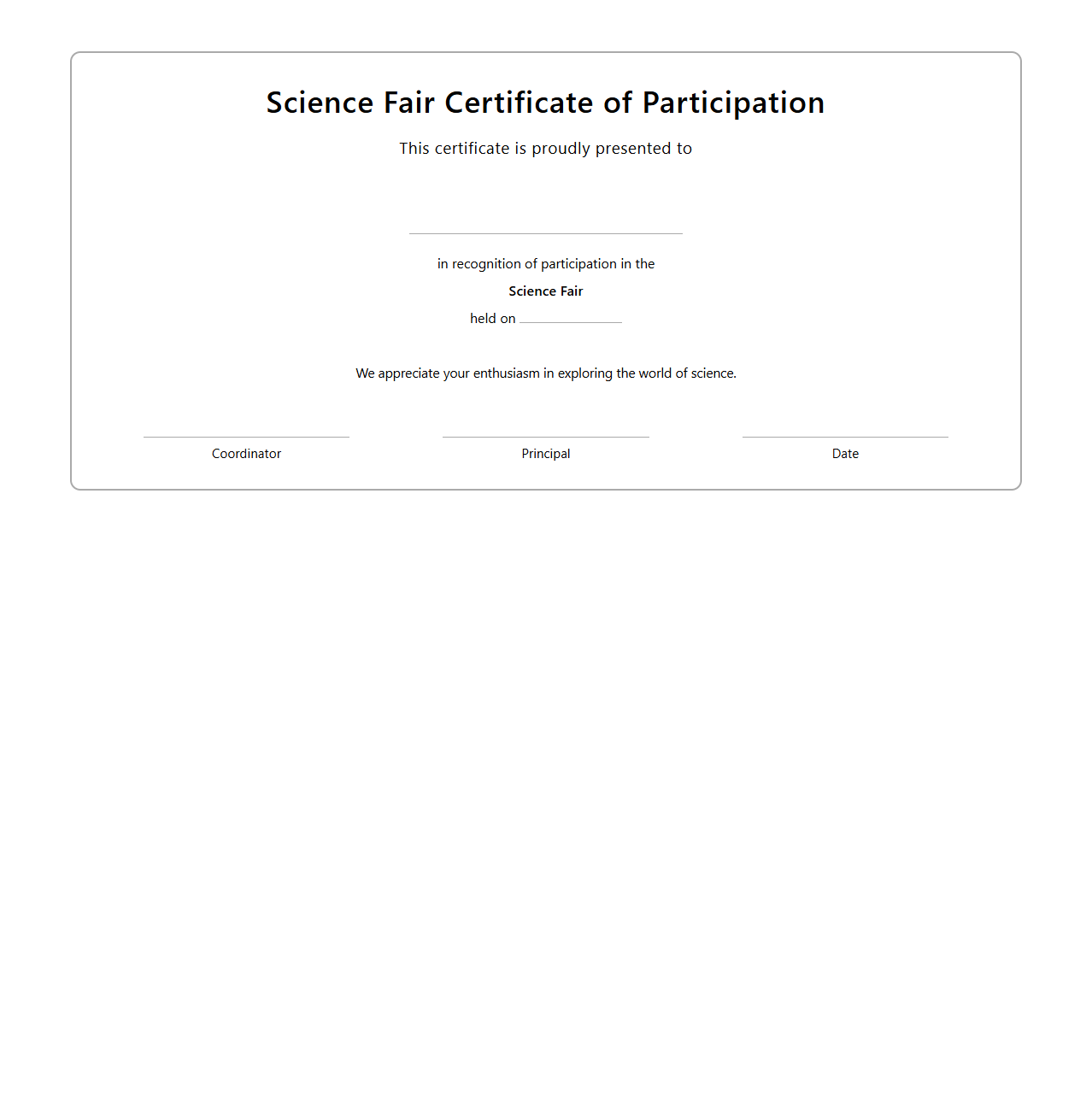 Blank Science Fair Participation Certificate Template