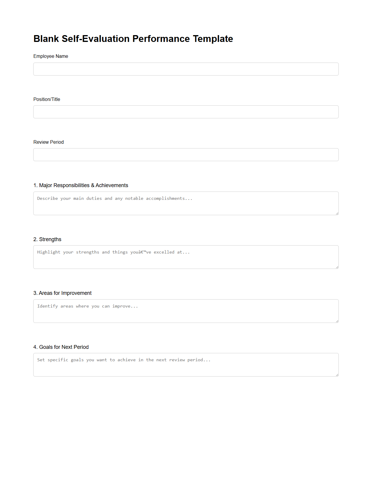 Blank Self-Evaluation Performance Template