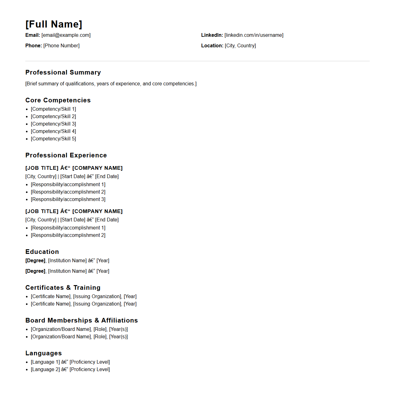 Blank Senior Executive CV Template