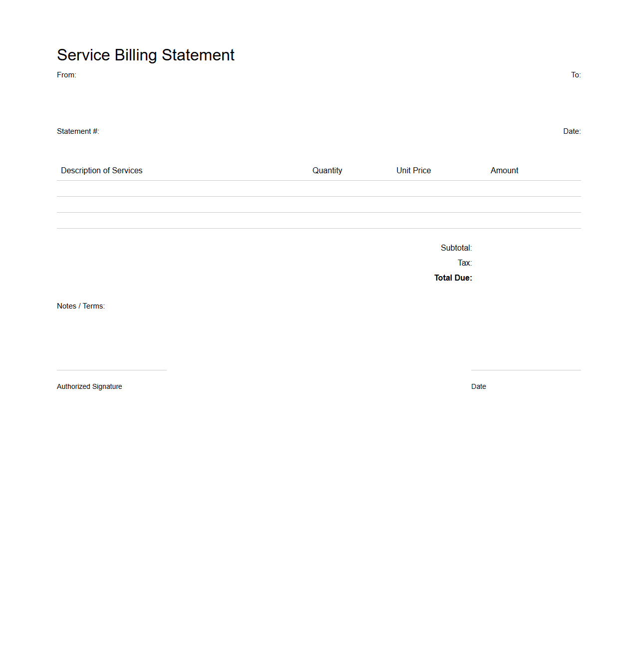 Blank Service Billing Statement Document