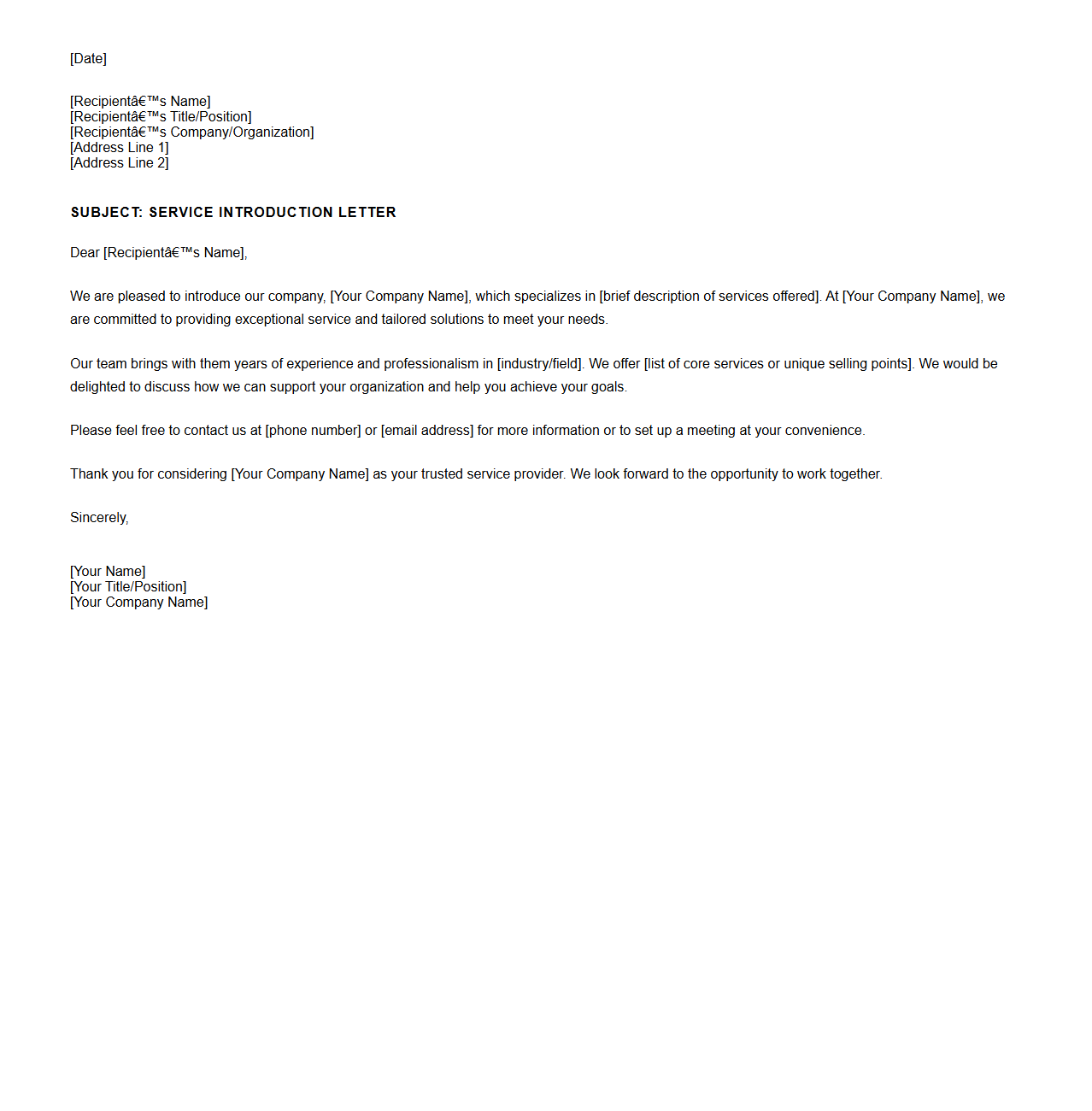 Blank Service Introduction Letter Sample