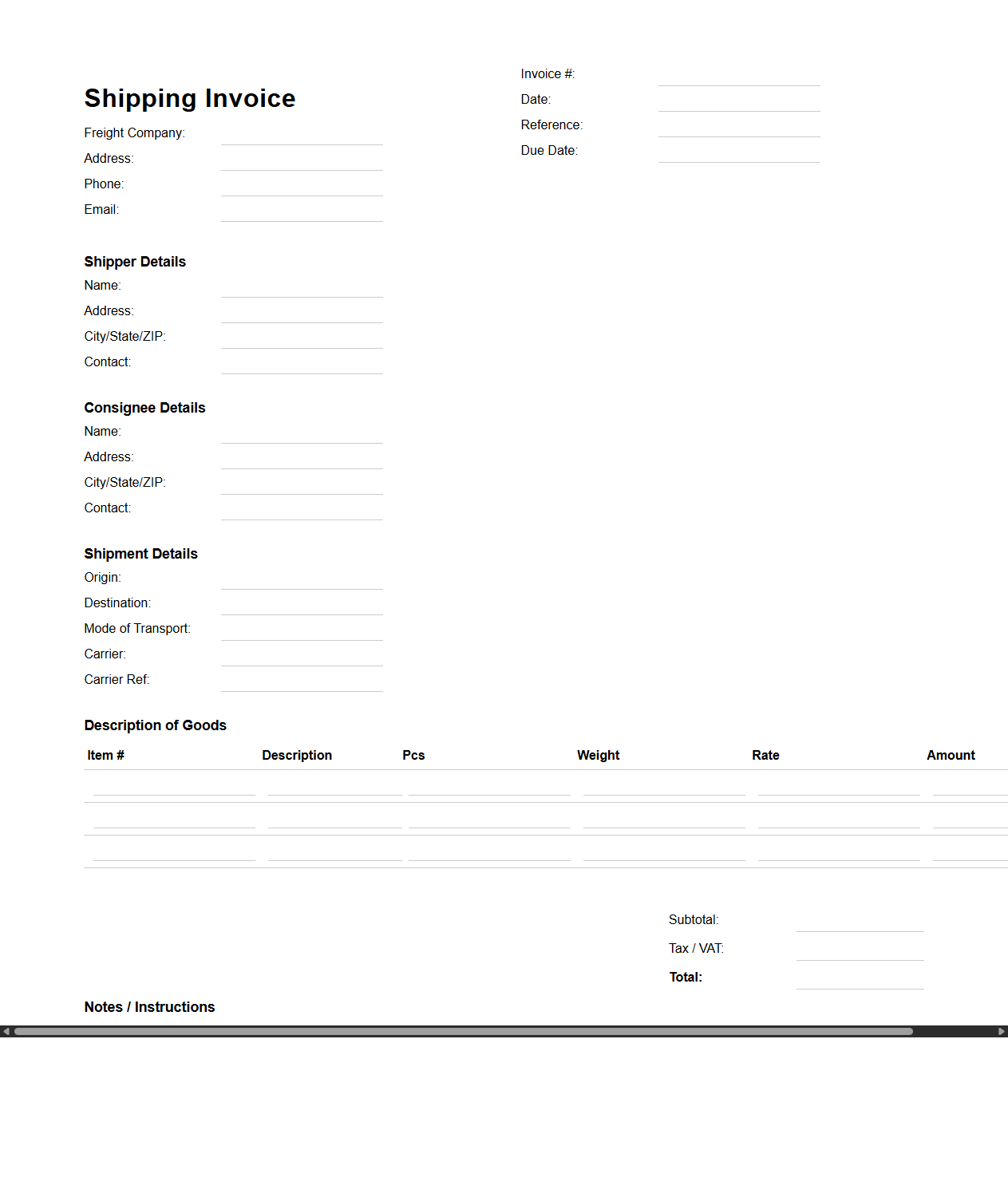 Blank Shipping Invoice Template for Freight Companies