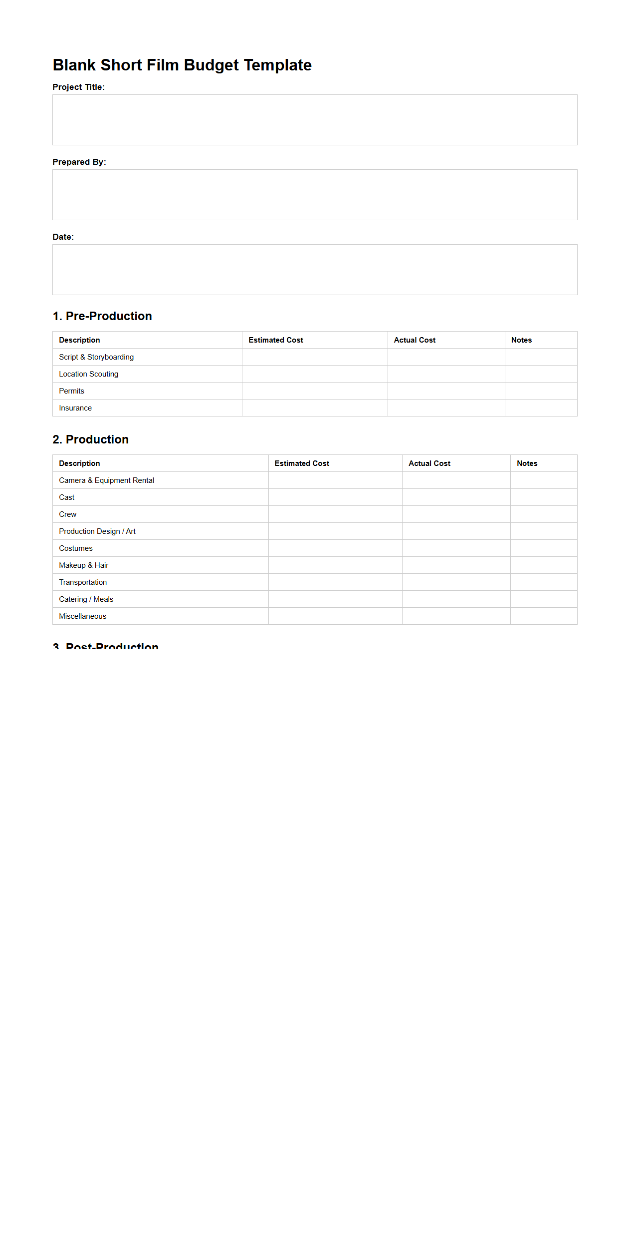 Blank Short Film Budget Template for Student Projects