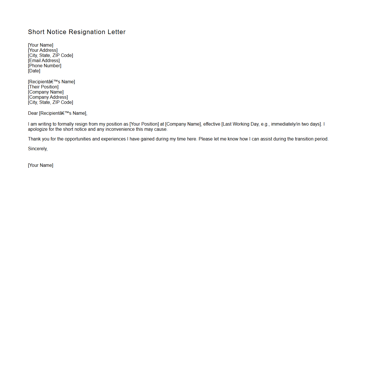 Blank Short Notice Resignation Letter Template
