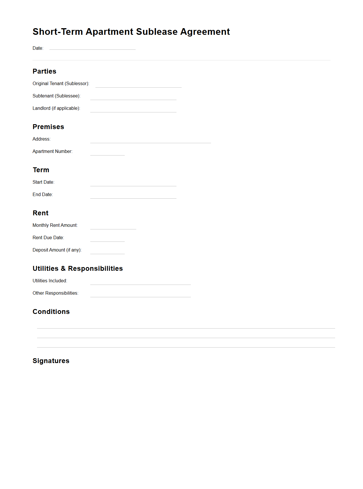 Blank Short-Term Apartment Sublease Template