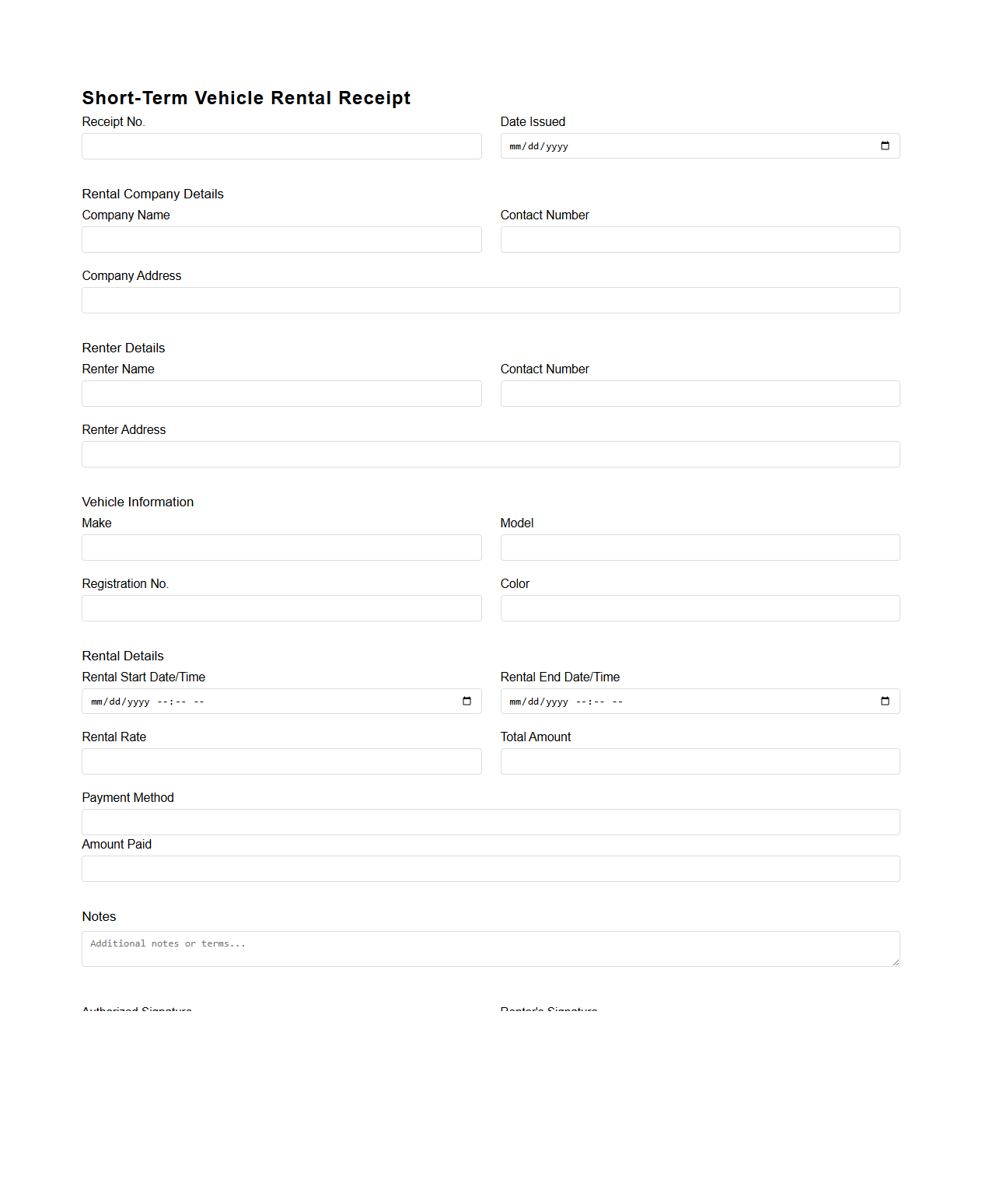 Blank Short-Term Vehicle Rental Receipt Form
