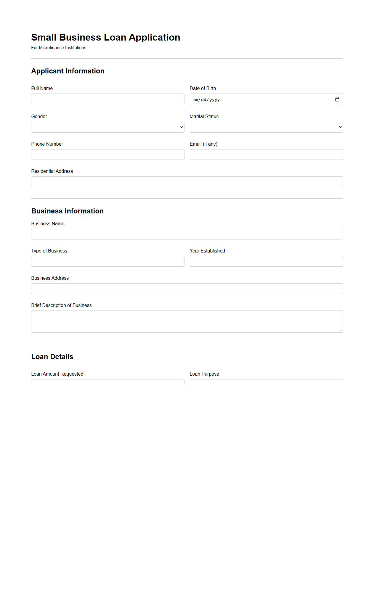 Blank Small Business Loan Application Format for Microfinance Institutions