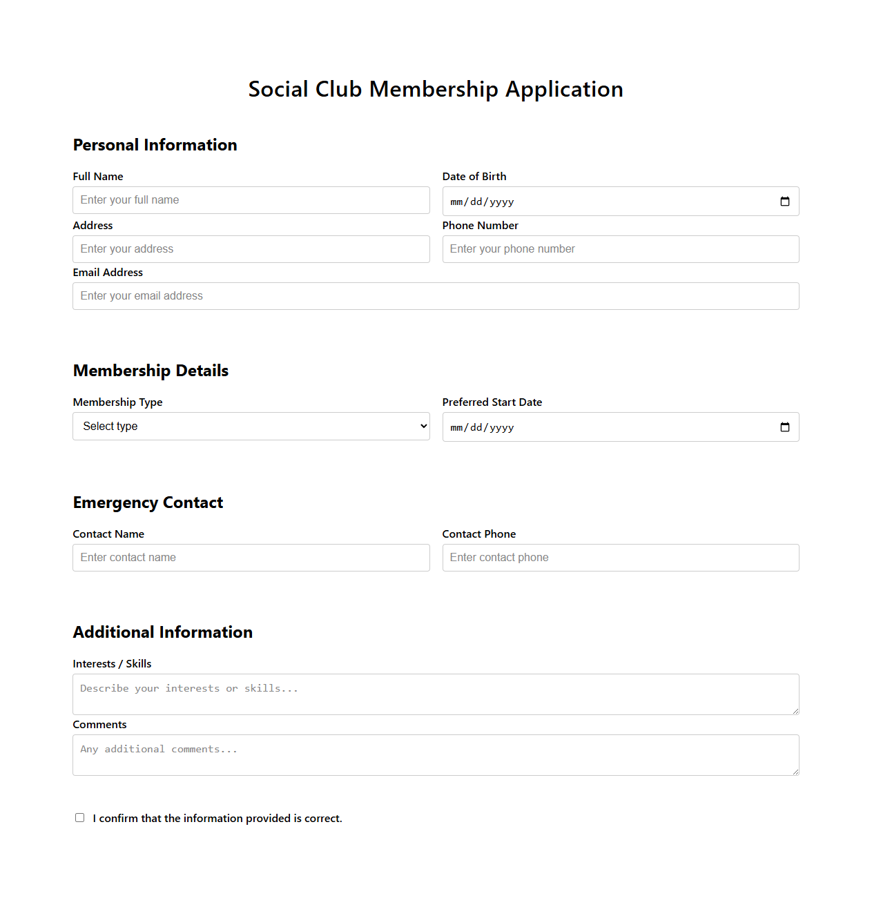 Blank Social Club Membership Application Form