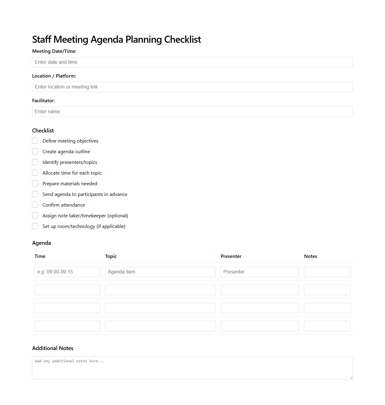 Blank Staff Meeting Agenda Planning Checklist
