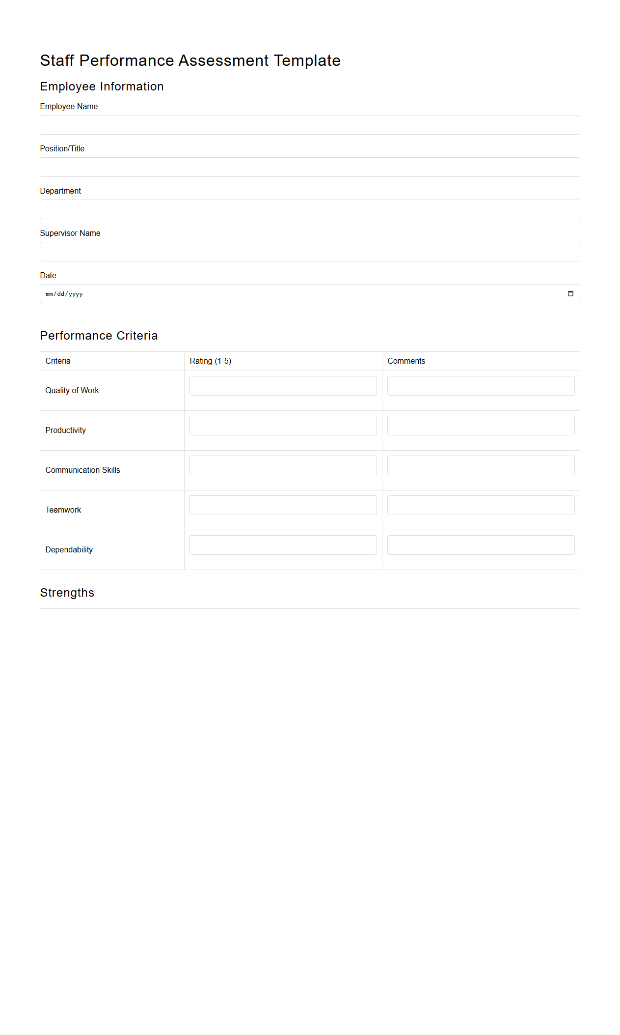 Blank Staff Performance Assessment Template