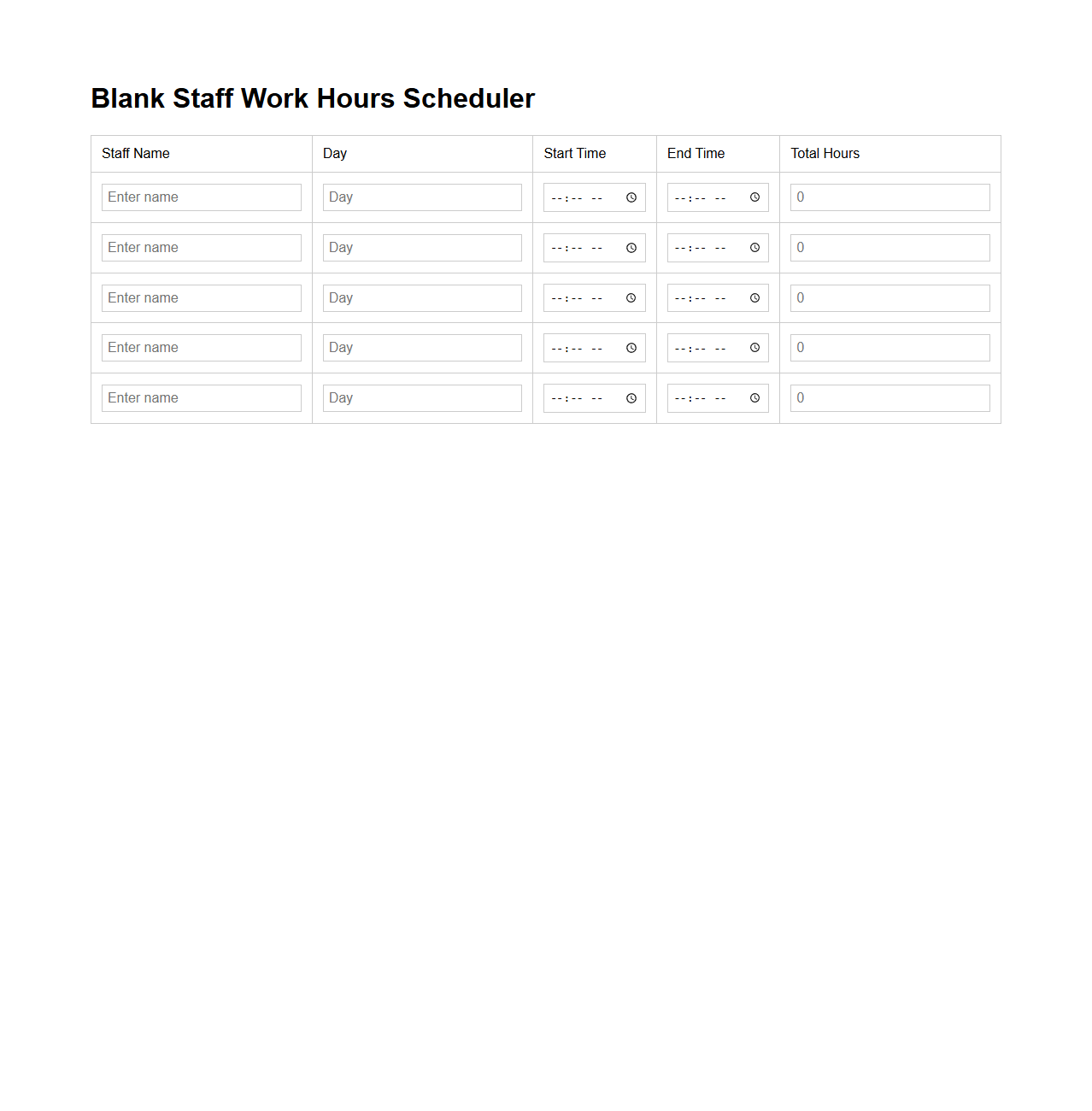 Blank Staff Work Hours Scheduler
