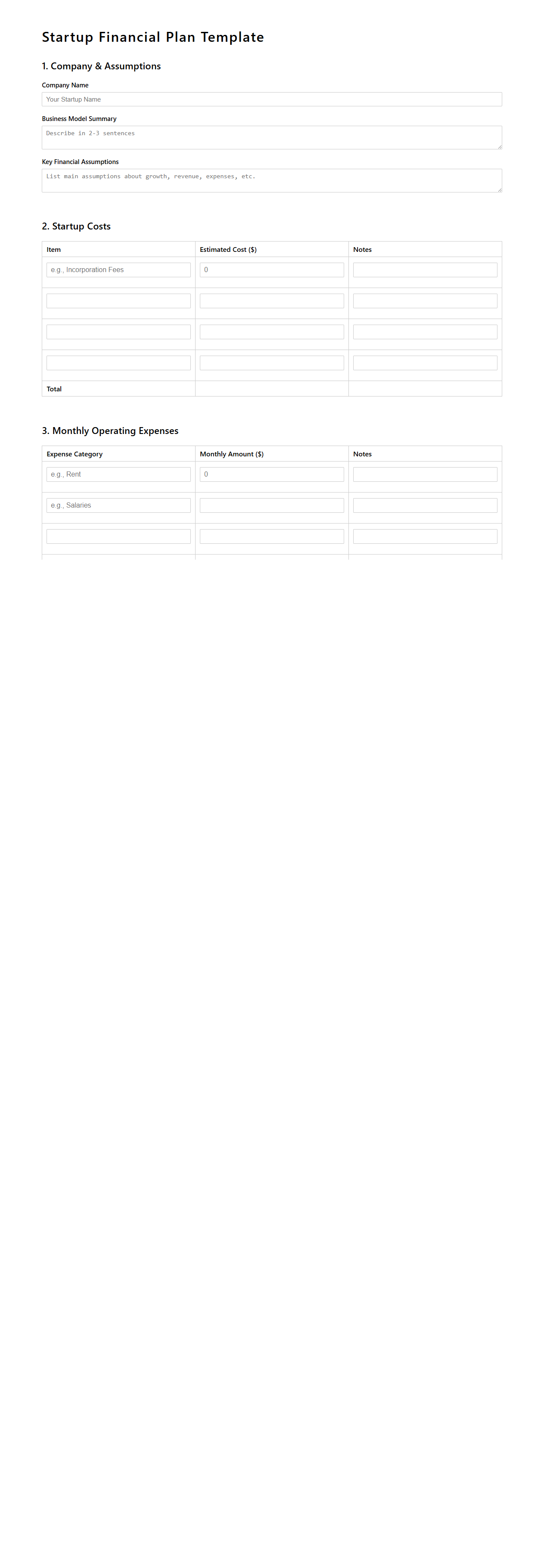 Blank Startup Financial Plan Template for Entrepreneurs