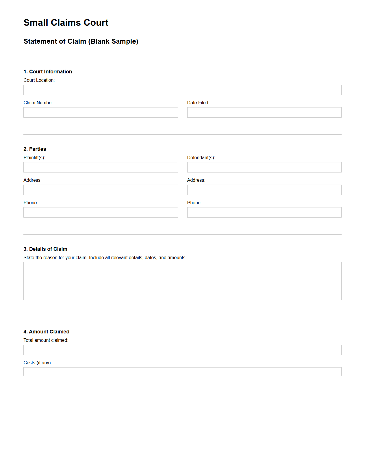 Blank Statement of Claim for Small Claims Court
