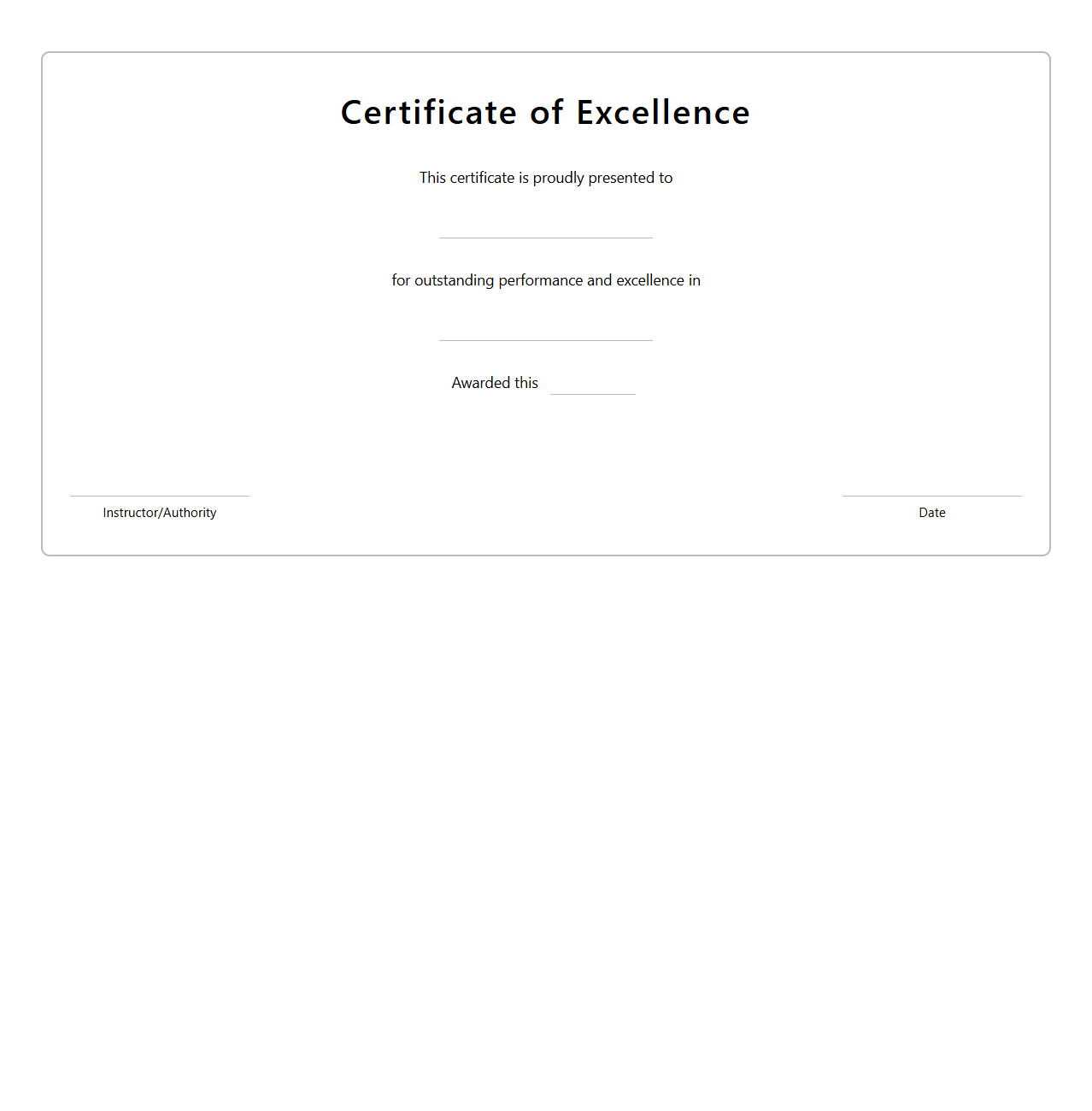 Blank Student Performance Excellence Certificate Template