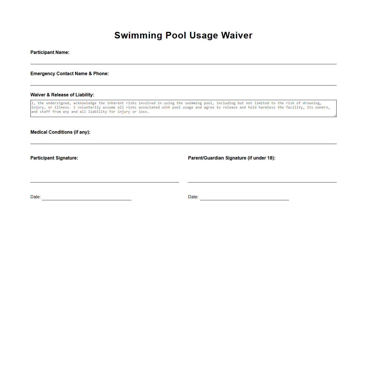 Blank Swimming Pool Usage Waiver Template