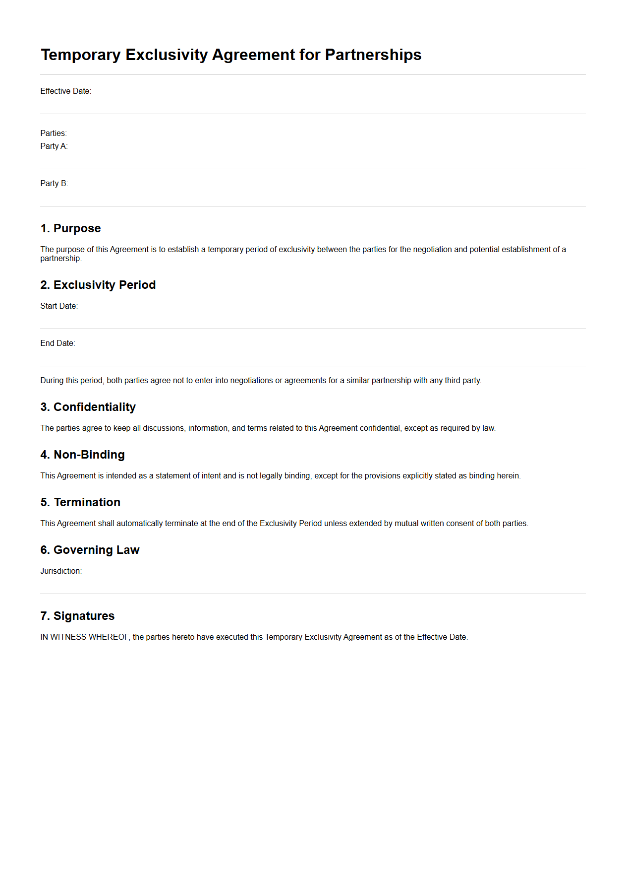 Blank Temporary Exclusivity Agreement for Partnerships