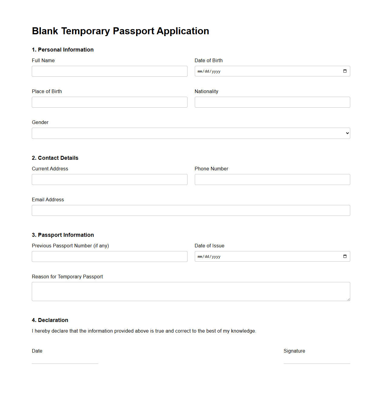 Blank Temporary Passport Application Template