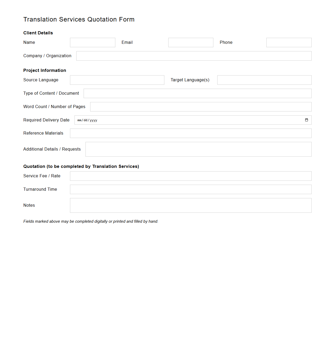 Blank Translation Services Quotation Form