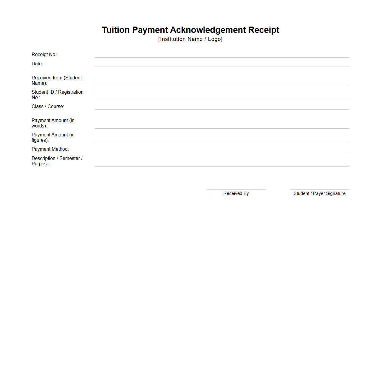 Blank Tuition Payment Acknowledgement Receipt Template