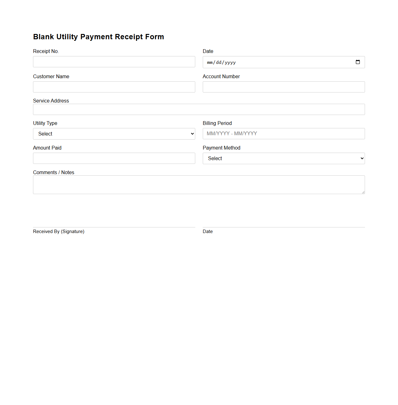 Blank Utility Payment Receipt Form