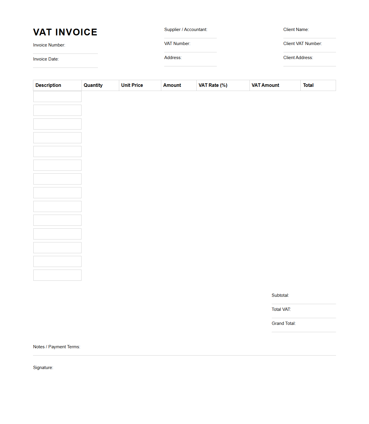 Blank VAT Invoice Template for Accountants