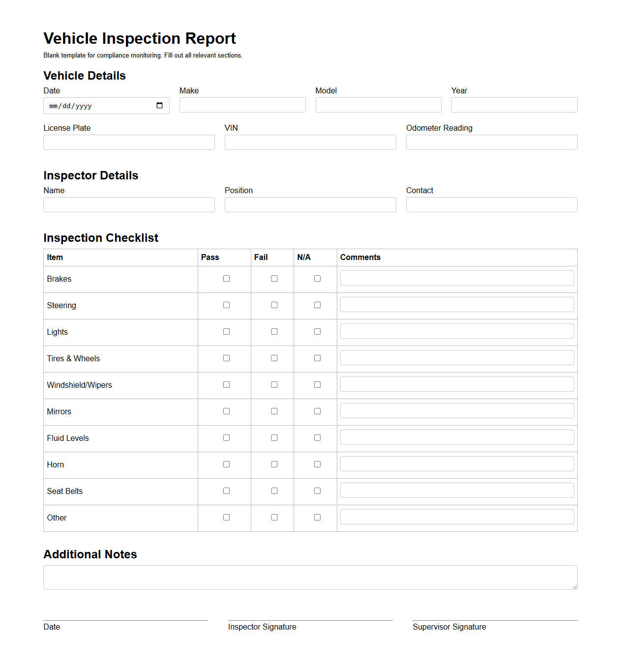 Blank Vehicle Inspection Report Template for Compliance Monitoring