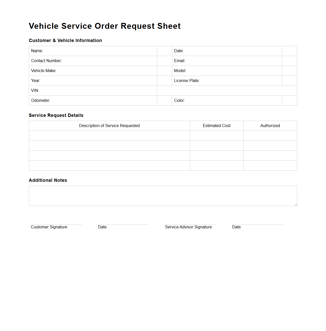 Blank Vehicle Service Order Request Sheet