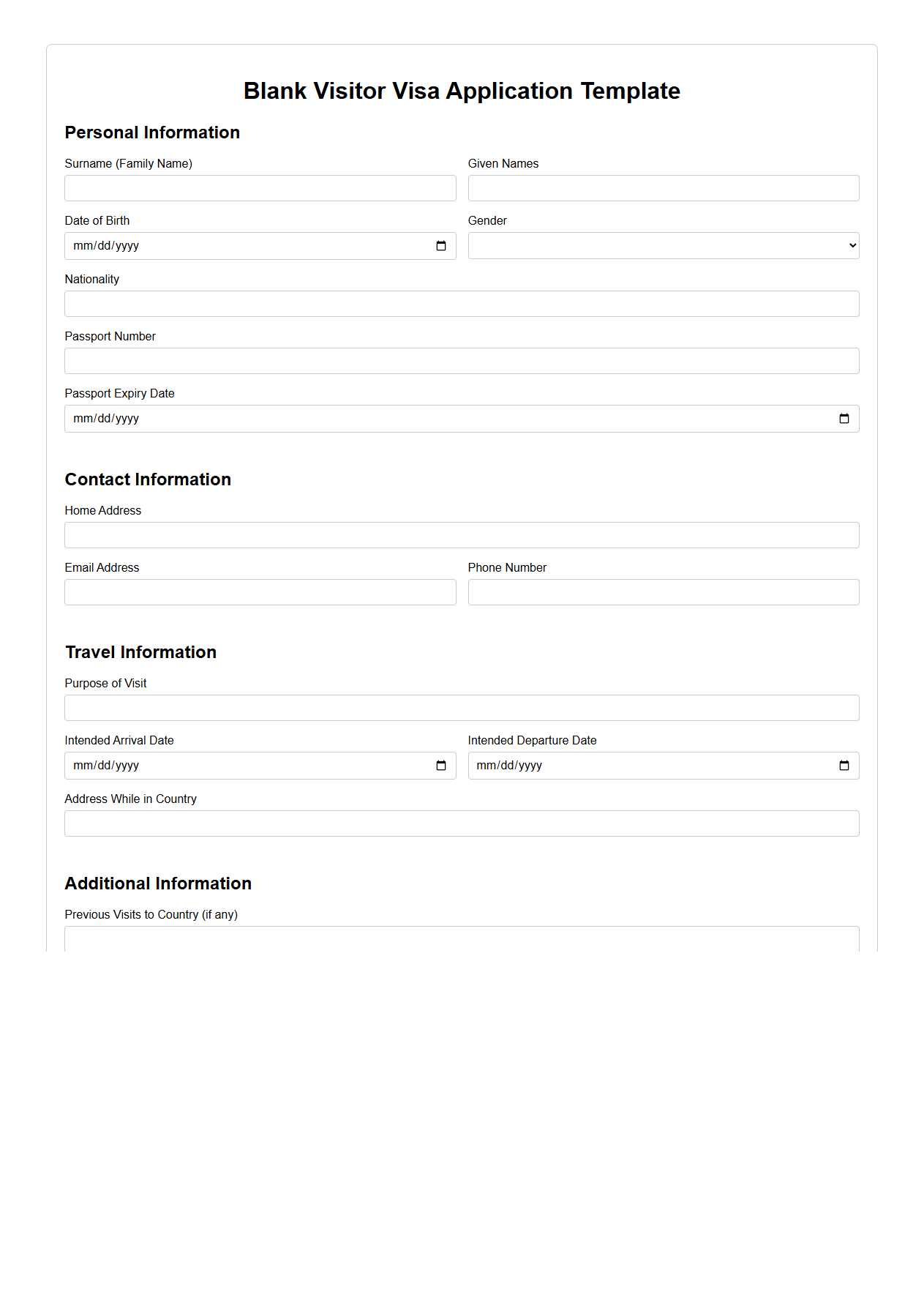 Blank Visitor Visa Application Template