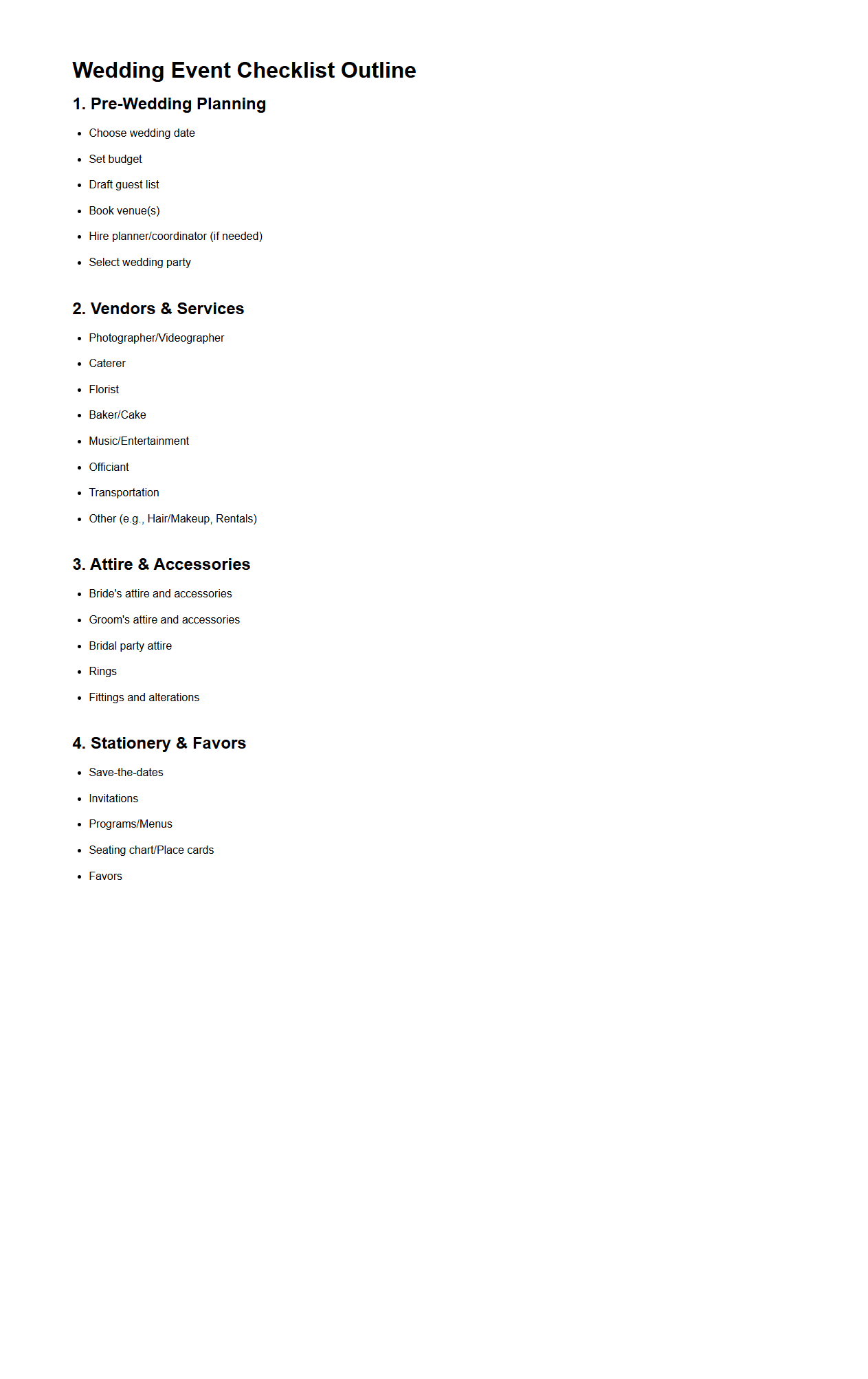 Blank Wedding Event Checklist Outline