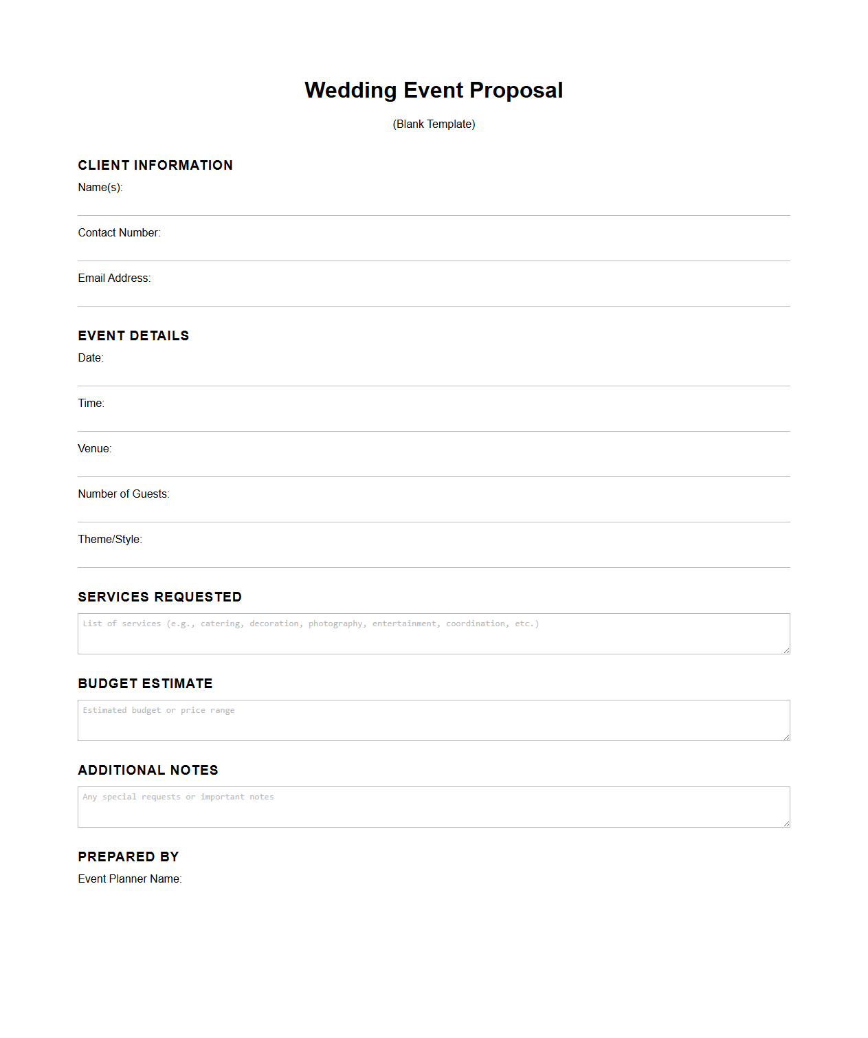 Blank Wedding Event Proposal Template