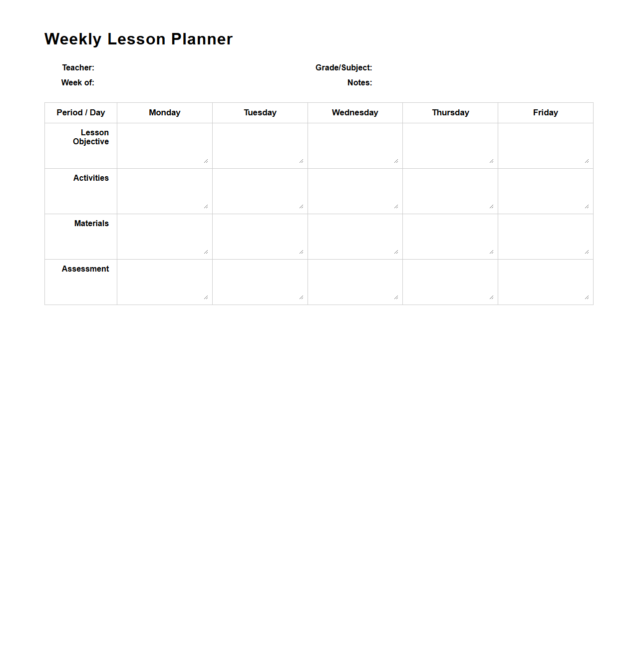 Blank Weekly Lesson Planner Template