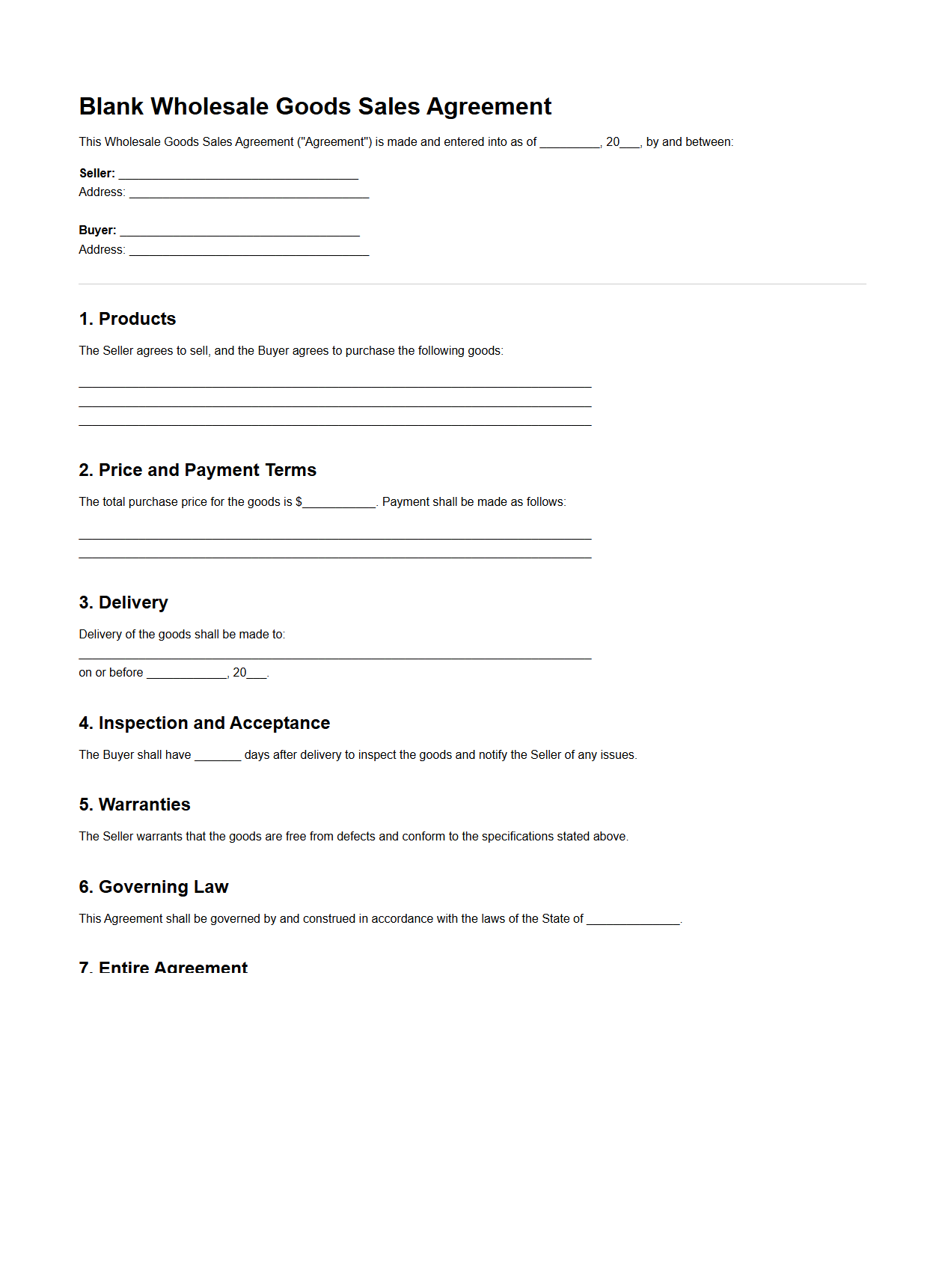 Blank Wholesale Goods Sales Agreement