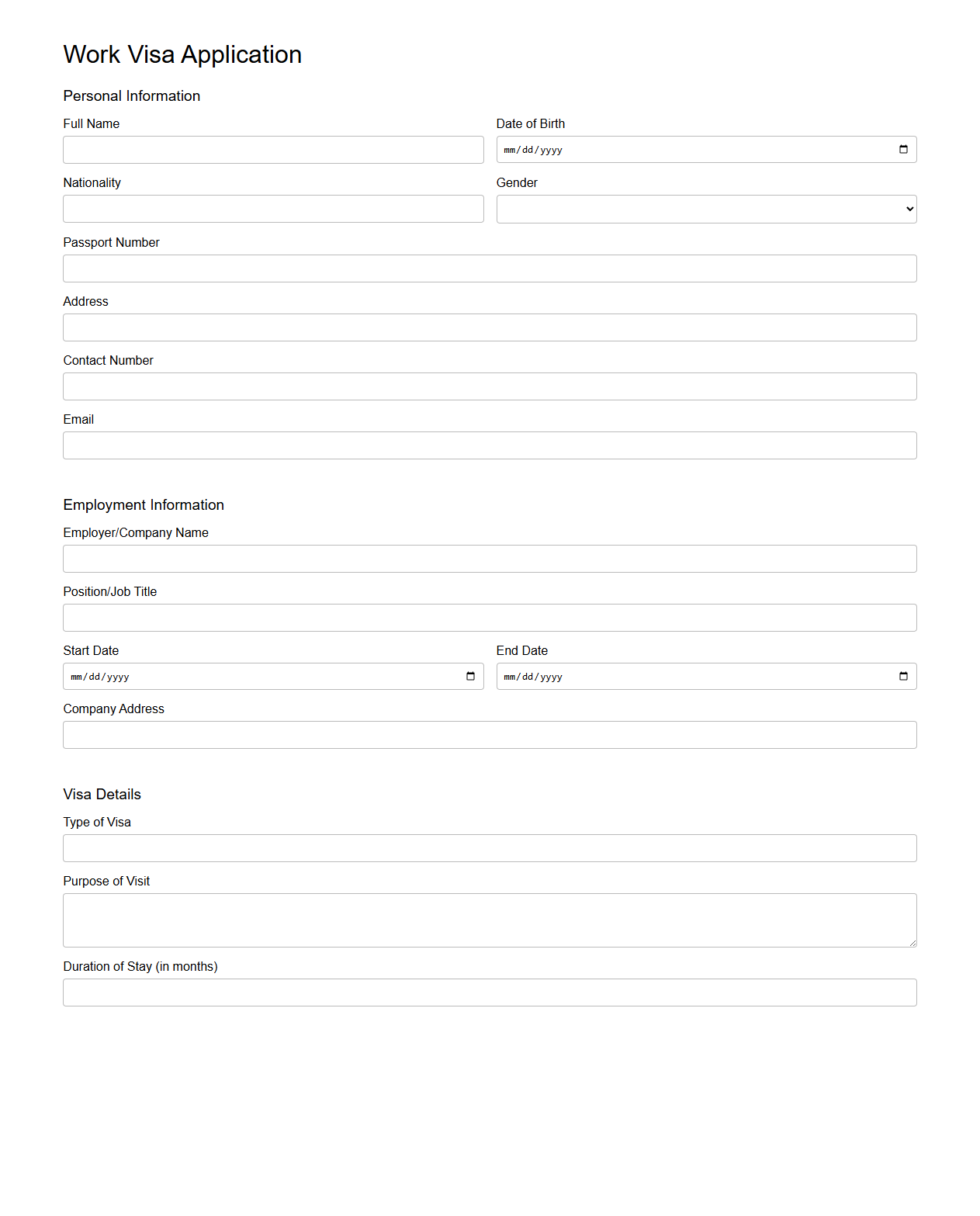 Blank Work Visa Application File