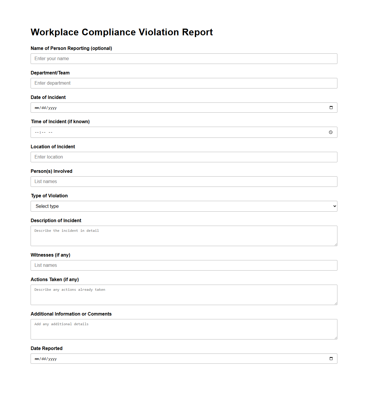 Blank Workplace Compliance Violation Report Template