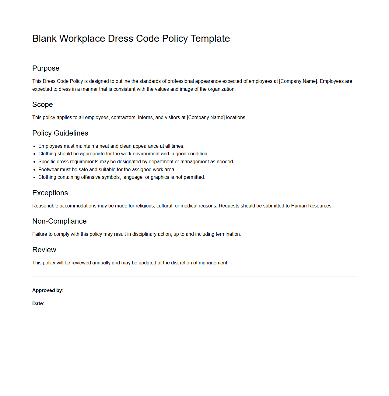 Blank Workplace Dress Code Policy Template