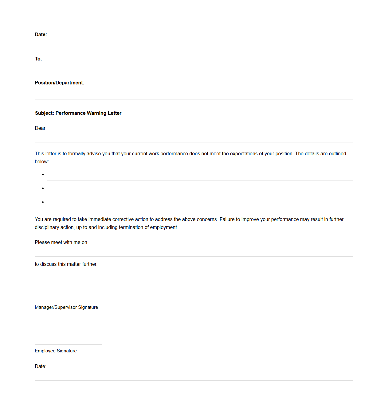 Blank Workplace Performance Warning Letter Template