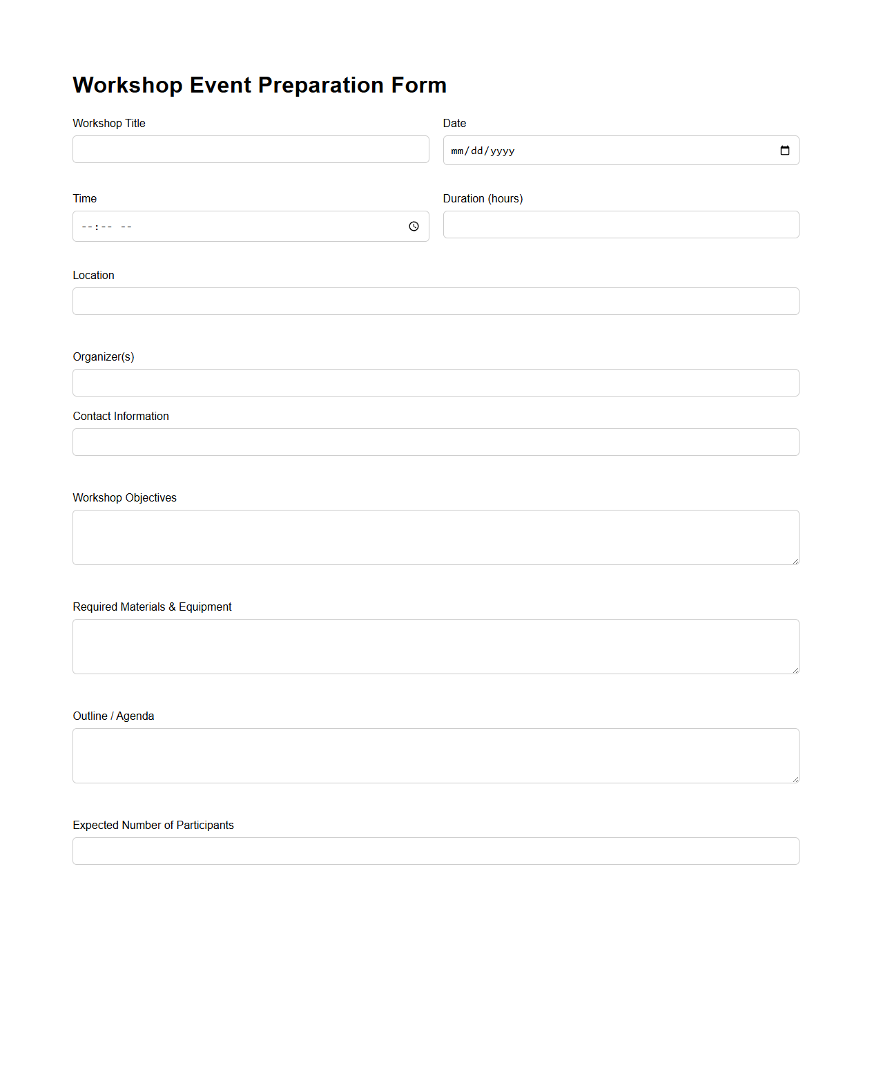 Blank Workshop Event Preparation Form