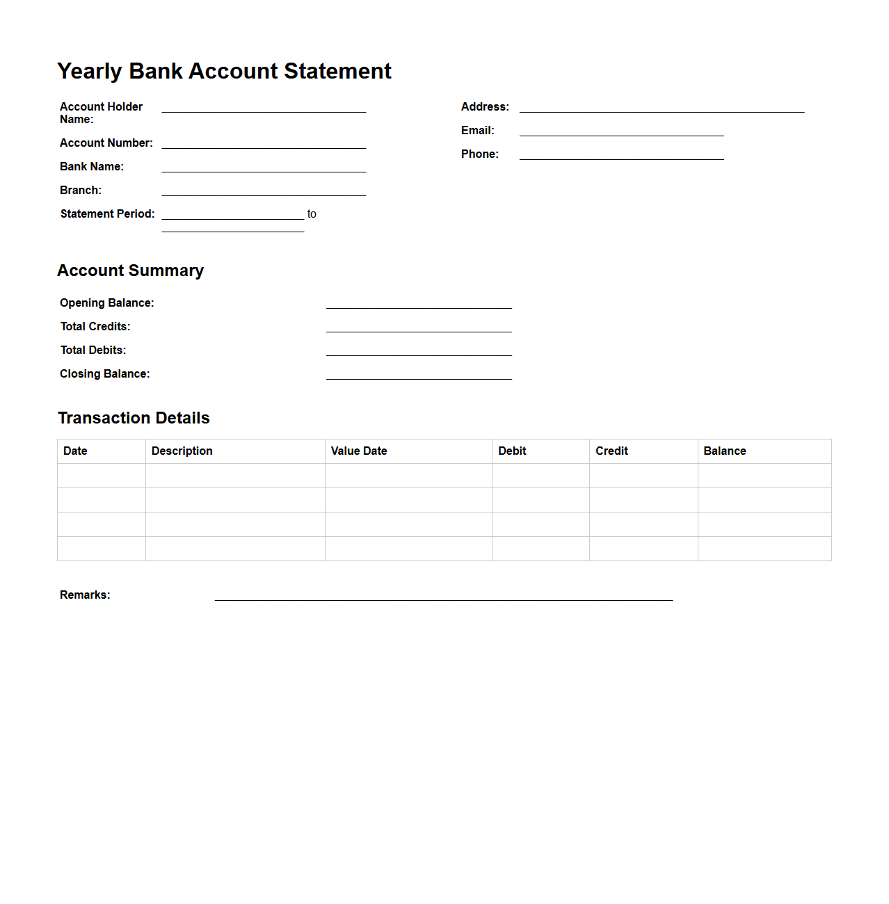 Blank Yearly Bank Account Statement Template